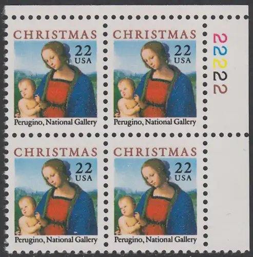 USA Michel 1856 / Scott 2244 postfrisch PLATEBLOCK ECKRAND oben rechts m/ Platten-# 22222 (c) - Weihnachten: Maria mit dem Kind; Gemälde von Pietro Perugino