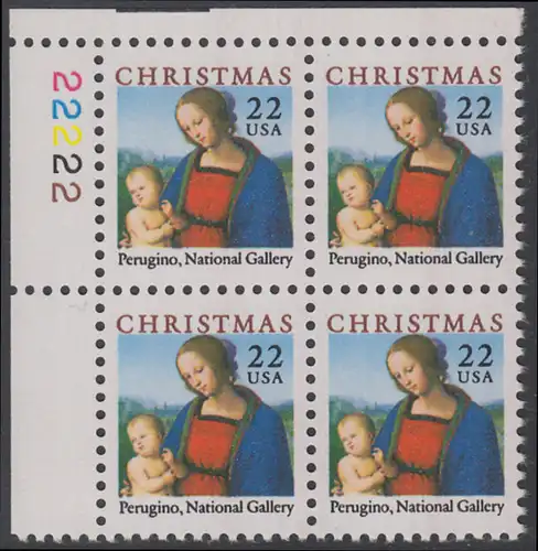 USA Michel 1856 / Scott 2244 postfrisch PLATEBLOCK ECKRAND oben links m/ Platten-# 22222 - Weihnachten: Maria mit dem Kind; Gemälde von Pietro Perugino