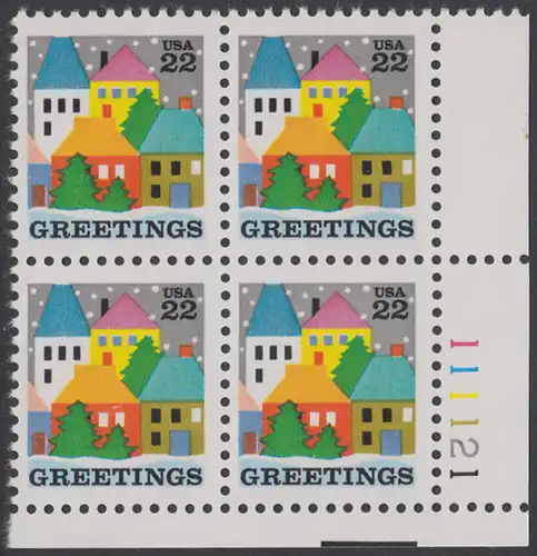 USA Michel 1857 / Scott 2245 postfrisch PLATEBLOCK ECKRAND unten rechts m/ Platten-# 111121 - Weihnachten: Stadt im Winter