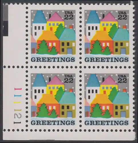 USA Michel 1857 / Scott 2245 postfrisch PLATEBLOCK ECKRAND unten links m/ Platten-# 111121 - Weihnachten: Stadt im Winter