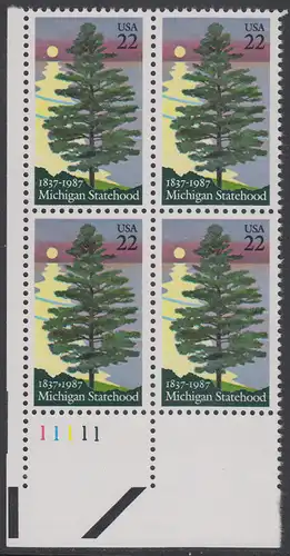USA Michel 1862 / Scott 2246 postfrisch PLATEBLOCK ECKRAND unten links m/ Platten-# 11111 (c) - 150 Jahre Staat Michigan: Kiefer