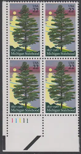 USA Michel 1862 / Scott 2246 postfrisch PLATEBLOCK ECKRAND unten links m/ Platten-# 11111 (b) - 150 Jahre Staat Michigan: Kiefer