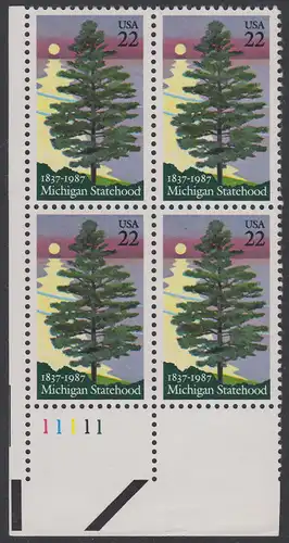 USA Michel 1862 / Scott 2246 postfrisch PLATEBLOCK ECKRAND unten links m/ Platten-# 11111 (a) - 150 Jahre Staat Michigan: Kiefer