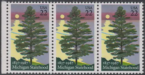 USA Michel 1862 / Scott 2246 postfrisch horiz.STRIP(3) RAND links - 150 Jahre Staat Michigan: Kiefer