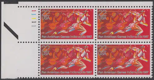 USA Michel 1863 / Scott 2247 postfrisch PLATEBLOCK ECKRAND oben links m/ Platten-# 11111 (c) - Panamerikanische Spiele, Indianapolis, IN: Läufer