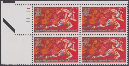 USA Michel 1863 / Scott 2247 postfrisch PLATEBLOCK ECKRAND onen links m/ Platten-# 11111 (a) - Panamerikanische Spiele, Indianapolis, IN: Läufer