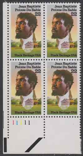 USA Michel 1867 / Scott 2249 postfrisch PLATEBLOCK ECKRAND unten links m/ Platten-# 11111 - Schwarzamerikanisches Erbe: Jean Baptiste Pointe Du Sable, Gründer von Chicago; Blockhaus