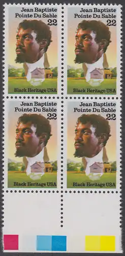 USA Michel 1867 / Scott 2249 postfrisch BLOCK RÄNDER unten (a2) - Schwarzamerikanisches Erbe: Jean Baptiste Pointe Du Sable, Gründer von Chicago; Blockhaus