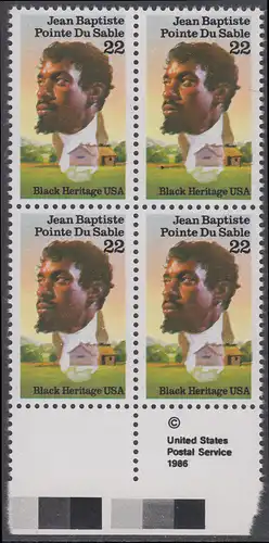 USA Michel 1867 / Scott 2249 postfrisch BLOCK RÄNDER unten m/ copyright symbol - Schwarzamerikanisches Erbe: Jean Baptiste Pointe Du Sable, Gründer von Chicago; Blockhaus