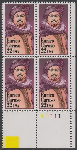 USA Michel 1868 / Scott 2250 postfrisch PLATEBLOCK ECKRAND unten rechts m/ Platten-# 11111 (b) - Darstellende Künste und Künstler: Enrico Caruso (1873-1921), italienischer Opernsänger