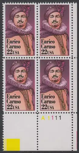 USA Michel 1868 / Scott 2250 postfrisch PLATEBLOCK ECKRAND unten rechts m/ Platten-# 11111 (c) - Darstellende Künste und Künstler: Enrico Caruso (1873-1921), italienischer Opernsänger