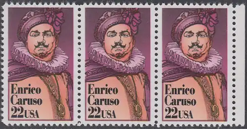 USA Michel 1868 / Scott 2250 postfrisch horiz.STRIP(3) RAND rechts - Darstellende Künste und Künstler: Enrico Caruso (1873-1921), italienischer Opernsänger