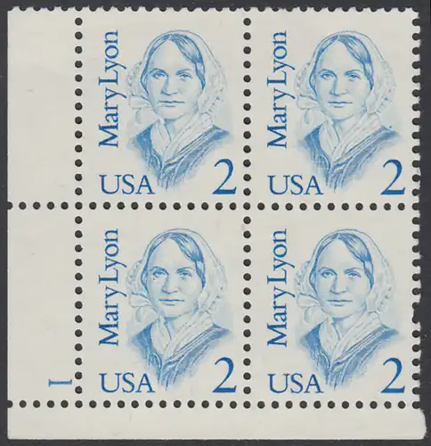 USA Michel 1869 / Scott 2169 postfrisch PLATEBLOCK ECKRAND unten links m/ Platten-# 1 (b) - Amerikanische Persönlichkeiten: Mary Lyon (1797-1837), Pädagogin