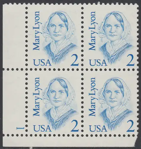 USA Michel 1869 / Scott 2169 postfrisch PLATEBLOCK ECKRAND unten links m/ Platten-# 1 (c) - Amerikanische Persönlichkeiten: Mary Lyon (1797-1837), Pädagogin