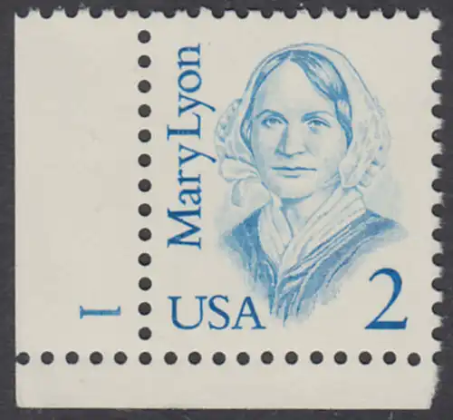 USA Michel 1869 / Scott 2169 postfrisch EINZELMARKE ECKRAND unten links m/ Platten-# 1 - Amerikanische Persönlichkeiten: Mary Lyon (1797-1837), Pädagogin