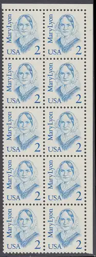 USA Michel 1869 / Scott 2169 postfrisch vert.BLOCK(10) ECKRAND oben rechts - Amerikanische Persönlichkeiten: Mary Lyon (1797-1837), Pädagogin