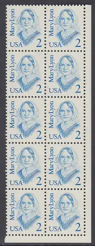 USA Michel 1869 / Scott 2169 postfrisch vert.BLOCK(10) ECKRAND unten rechts - Amerikanische Persönlichkeiten: Mary Lyon (1797-1837), Pädagogin