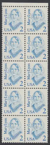 USA Michel 1869 / Scott 2169 postfrisch vert.BLOCK(10) RÄNDER oben - Amerikanische Persönlichkeiten: Mary Lyon (1797-1837), Pädagogin