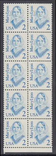 USA Michel 1869 / Scott 2169 postfrisch vert.BLOCK(10) RÄNDER unten - Amerikanische Persönlichkeiten: Mary Lyon (1797-1837), Pädagogin