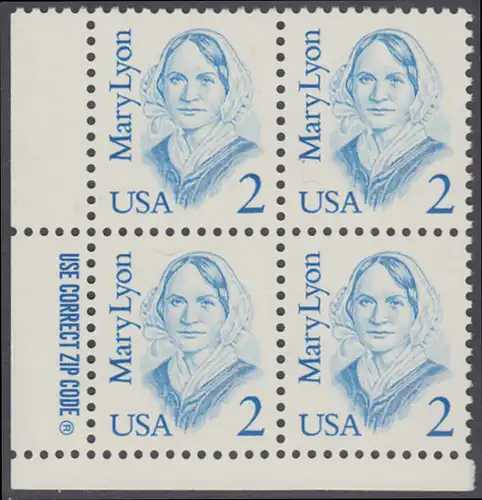 USA Michel 1869 / Scott 2169 postfrisch ZIP-BLOCK (ll) - Amerikanische Persönlichkeiten: Mary Lyon (1797-1837), Pädagogin