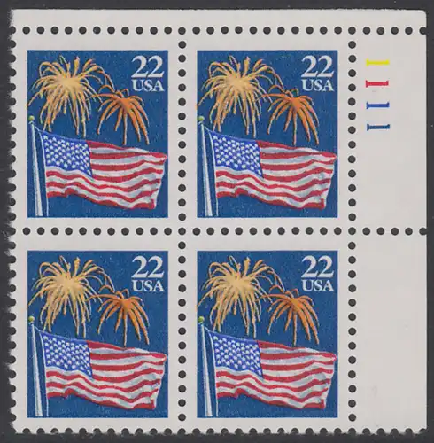 USA Michel 1882A / Scott 2276 postfrisch PLATEBLOCK ECKRAND oben rechts m/ Platten-# 1111 - Flagge und Feuerwerk