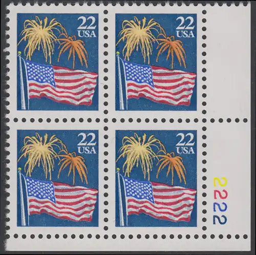 USA Michel 1882A / Scott 2276 postfrisch PLATEBLOCK ECKRAND unten rechts m/ Platten-# 2222 - Flagge und Feuerwerk