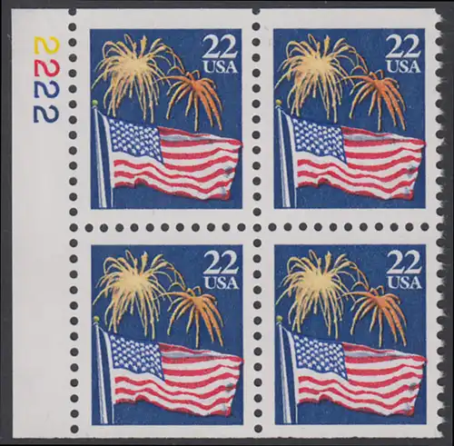 USA Michel 1882D / Scott 2276a postfrisch BLOCK Ränder links m/ Platten-# 2222 - Flagge und Feuerwerk