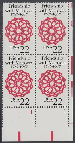 USA Michel 1934 / Scott 2349 postfrisch PLATEBLOCK ECKRAND unten rechts m/ Platten-# 1 - 200 Jahre diplomatische Beziehungen mit Marokko: Arabeske