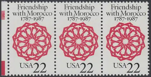 USA Michel 1934 / Scott 2349 postfrisch horiz.STRIP(3) RAND links - 200 Jahre diplomatische Beziehungen mit Marokko: Arabeske