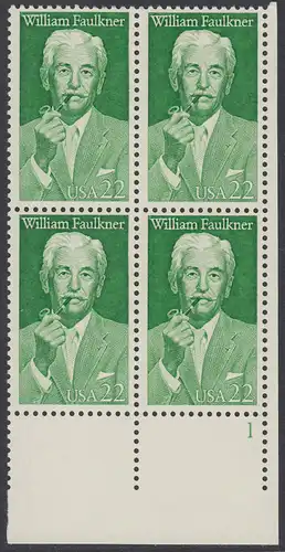 USA Michel 1935 / Scott 2350 postfrisch PLATEBLOCK ECKRAND unten rechts m/ Platten-# 1 - William Faulkner (1897-1962), Erzähler, Nobelpreis 1949