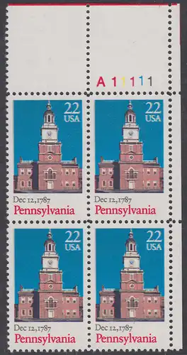 USA Michel 1942 / Scott 2337 postfrisch PLATEBLOCK ECKRAND oben rechts m/ Platten-# A11111 (d) - 200. Jahrestag der Ratifizierung der Verfassung durch den Staat Pennysylvania: Independence Hall, Philadelphia, PA