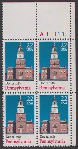 USA Michel 1942 / Scott 2337 postfrisch PLATEBLOCK ECKRAND oben rechts m/ Platten-# A11111 (b) - 200. Jahrestag der Ratifizierung der Verfassung durch den Staat Pennysylvania: Independence Hall, Philadelphia, PA