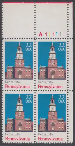 USA Michel 1942 / Scott 2337 postfrisch PLATEBLOCK ECKRAND oben rechts m/ Platten-# A11111 (e) - 200. Jahrestag der Ratifizierung der Verfassung durch den Staat Pennysylvania: Independence Hall, Philadelphia, PA