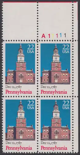 USA Michel 1942 / Scott 2337 postfrisch PLATEBLOCK ECKRAND oben rechts m/ Platten-# A11111 (a) - 200. Jahrestag der Ratifizierung der Verfassung durch den Staat Pennysylvania: Independence Hall, Philadelphia, PA