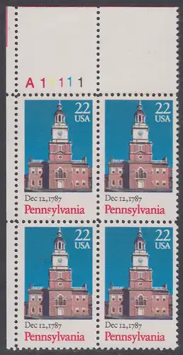 USA Michel 1942 / Scott 2337 postfrisch PLATEBLOCK ECKRAND oben links m/ Platten-# A11111 - 200. Jahrestag der Ratifizierung der Verfassung durch den Staat Pennysylvania: Independence Hall, Philadelphia, PA