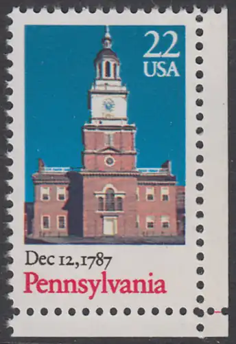 USA Michel 1942 / Scott 2337 postfrisch EINZELMARKE ECKRAND unten rechts - 200. Jahrestag der Ratifizierung der Verfassung durch den Staat Pennysylvania: Independence Hall, Philadelphia, PA