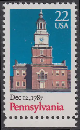 USA Michel 1942 / Scott 2337 postfrisch EINZELMARKE RAND unten - 200. Jahrestag der Ratifizierung der Verfassung durch den Staat Pennysylvania: Independence Hall, Philadelphia, PA