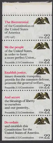 USA Michel 1943-1947 / Scott 2359a postfrisch Markenheftchen-Blatt(5) Rand oben - 200 Jahre Verfassung der Vereinigten Staaten von Amerika: Textauszüge aus der Präambel der Verfassung, Wappenadler