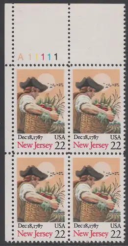 USA Michel 1948 / Scott 2338 postfrisch PLATEBLOCK ECKRAND oben links m/ Platten-# A11111 (b) - 200. Jahrestag der Ratifizierung der Verfassung durch den Staat New Jersey: Farmer mit Früchtekorb