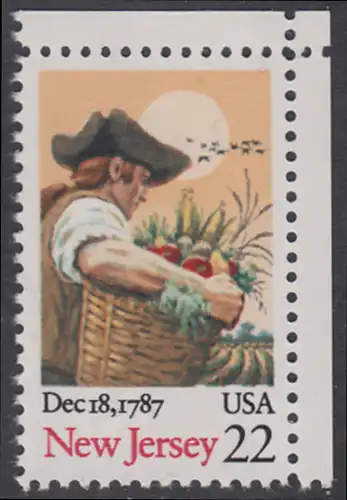 USA Michel 1948 / Scott 2338 postfrisch EINZELMARKE ECKRAND oben rechts - 200. Jahrestag der Ratifizierung der Verfassung durch den Staat New Jersey: Farmer mit Früchtekorb