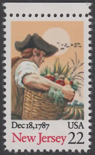 USA Michel 1948 / Scott 2338 postfrisch EINZELMARKE RAND oben - 200. Jahrestag der Ratifizierung der Verfassung durch den Staat New Jersey: Farmer mit Früchtekorb