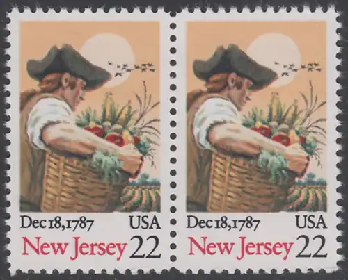 USA Michel 1948 / Scott 2338 postfrisch horiz.PAAR - 200. Jahrestag der Ratifizierung der Verfassung durch den Staat New Jersey: Farmer mit Früchtekorb