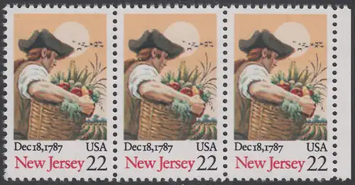 USA Michel 1948 / Scott 2338 postfrisch horiz.STRIP(3) RAND rechts - 200. Jahrestag der Ratifizierung der Verfassung durch den Staat New Jersey: Farmer mit Früchtekorb