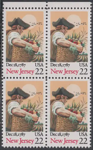 USA Michel 1948 / Scott 2338 postfrisch BLOCK RÄNDER oben - 200. Jahrestag der Ratifizierung der Verfassung durch den Staat New Jersey: Farmer mit Früchtekorb