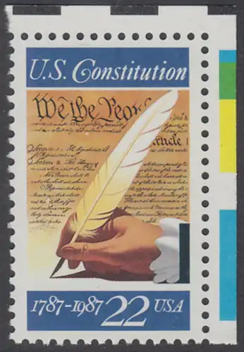 USA Michel 1949 / Scott 2360 postfrisch EINZELMARKE ECKRAND oben rechts - 200. Jahrestag der Unterzeichnung der Verfassung der Vereinigten Staaten von Amerika: Hand mit Federkiel, Verfassungstext