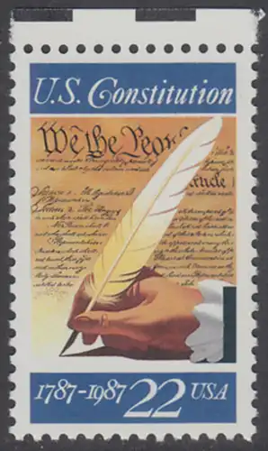 USA Michel 1949 / Scott 2360 postfrisch EINZELMARKE RAND oben - 200. Jahrestag der Unterzeichnung der Verfassung der Vereinigten Staaten von Amerika: Hand mit Federkiel, Verfassungstext