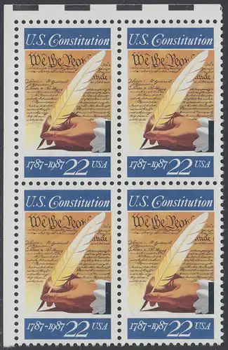 USA Michel 1949 / Scott 2360 postfrisch BLOCK ECKRAND oben links - 200. Jahrestag der Unterzeichnung der Verfassung der Vereinigten Staaten von Amerika: Hand mit Federkiel, Verfassungstext