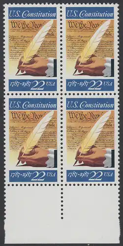 USA Michel 1949 / Scott 2360 postfrisch BLOCK RÄNDER unten (a1) - 200. Jahrestag der Unterzeichnung der Verfassung der Vereinigten Staaten von Amerika: Hand mit Federkiel, Verfassungstext