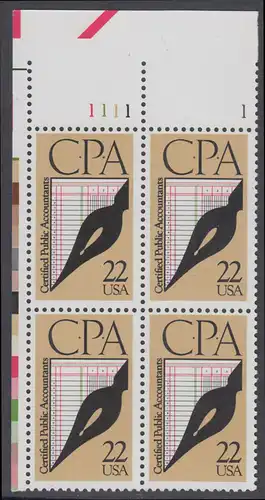 USA Michel 1950 / Scott 2361 postfrisch PLATEBLOCK ECKRAND oben links m/ Platten-# 1111 - 100 Jahre staatlich zugelassene Wirtschaftsprüfer: Schreibfeder, Journal