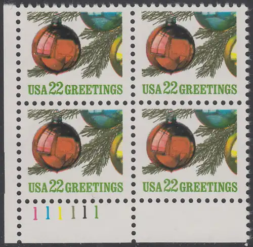 USA Michel 1958 / Scott 2368 postfrisch PLATEBLOCK ECKRAND unten links m/ Platten-# 111111 - Weihnachten: Christbaumkugeln